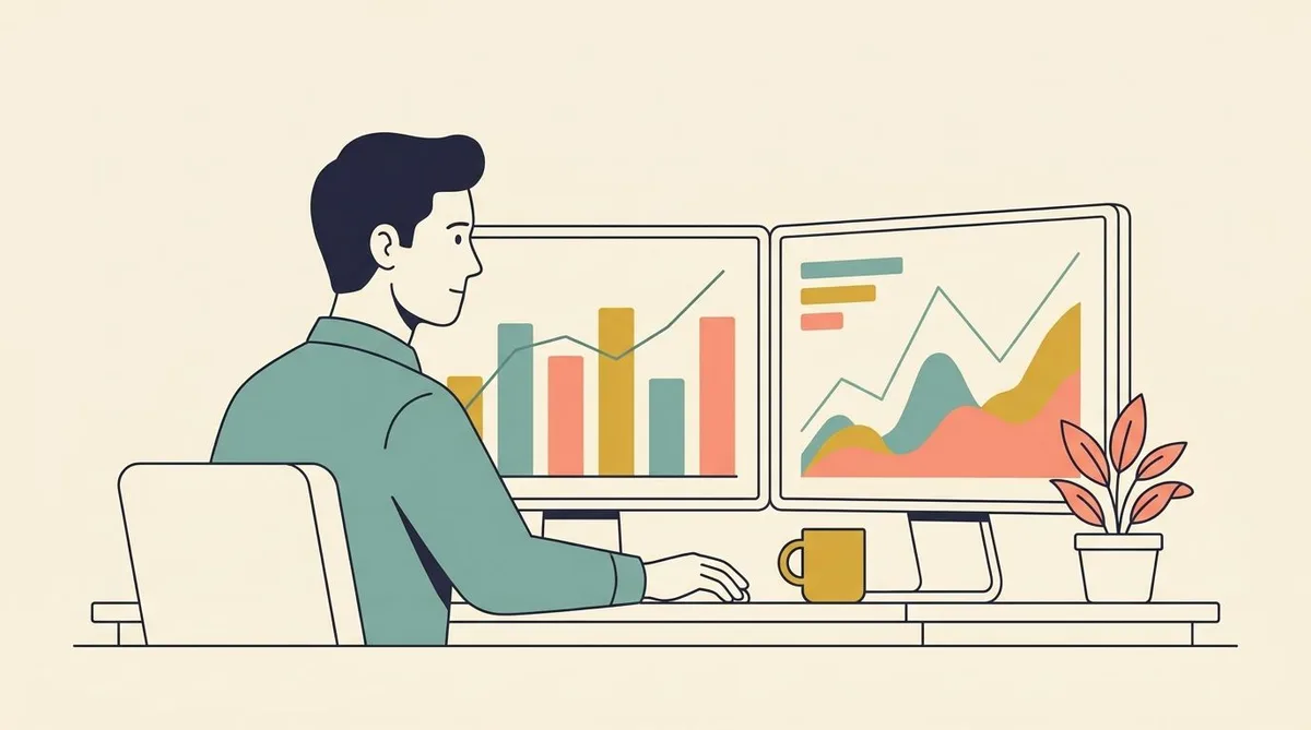 Illustration of a data analyst at a desk with two monitors showing charts