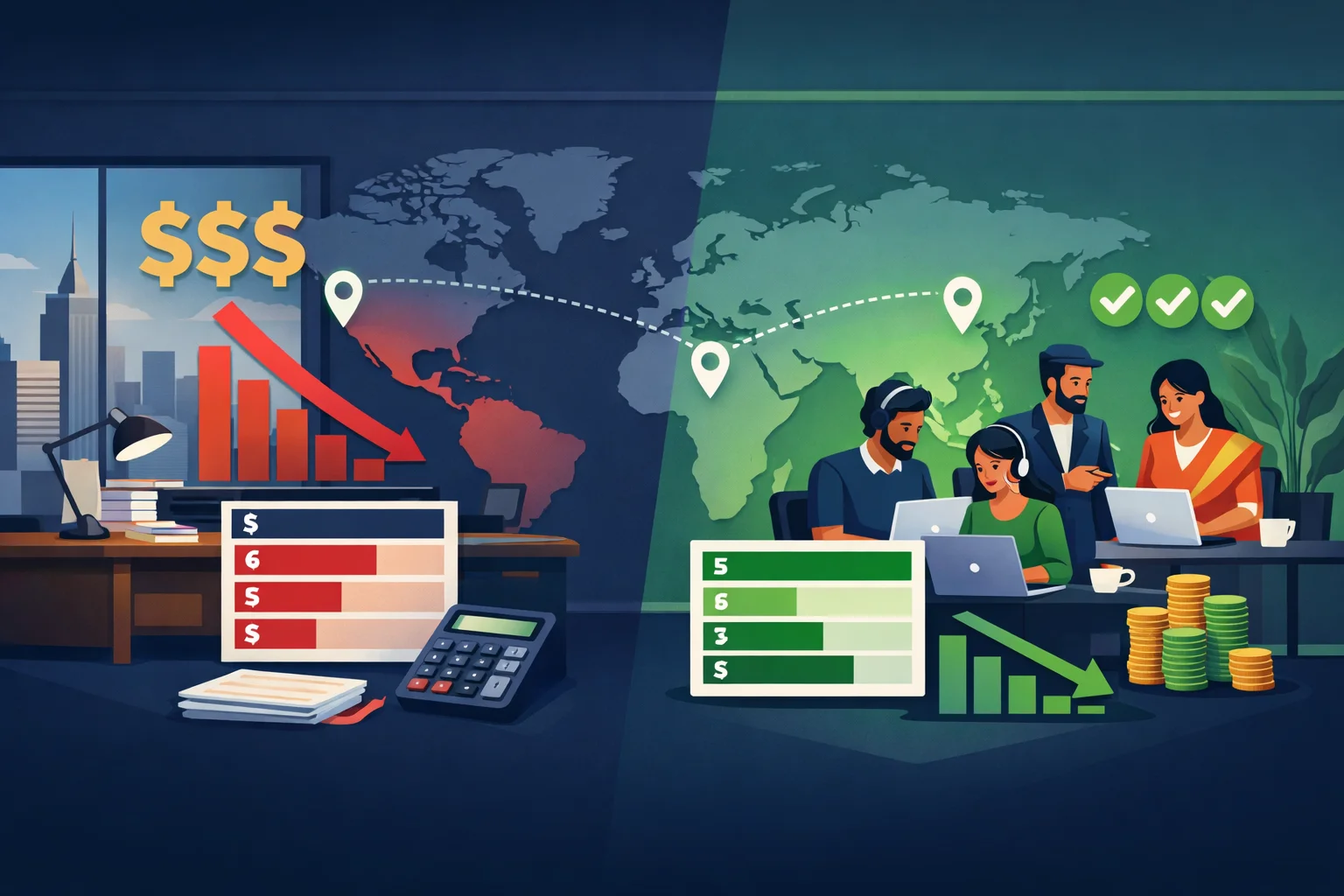 Outsourcing costs comparison chart showing pricing by role and region in 2026