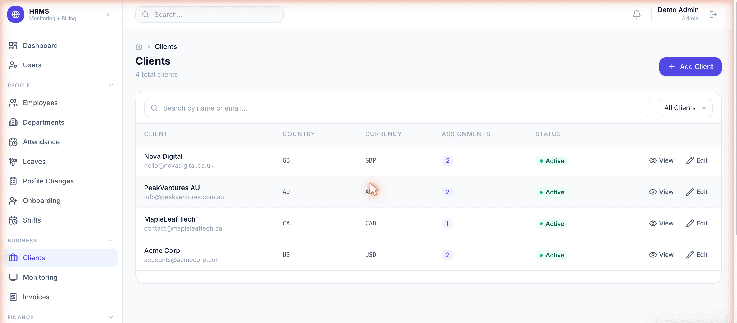 Zedtreeo Platform client portal — client-facing view of their dedicated remote staff and billing