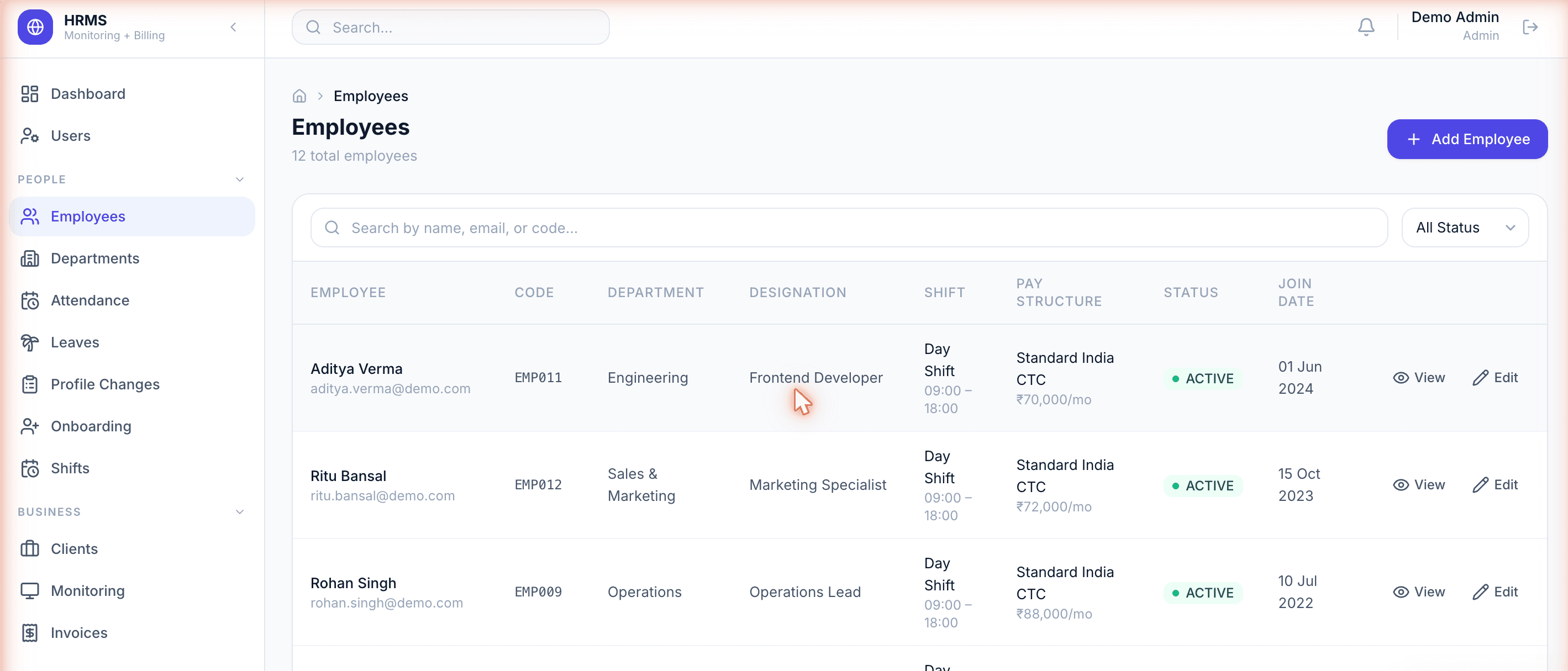 Zedtreeo Platform employees directory — 12 employees with department, designation, shift, pay structure, status