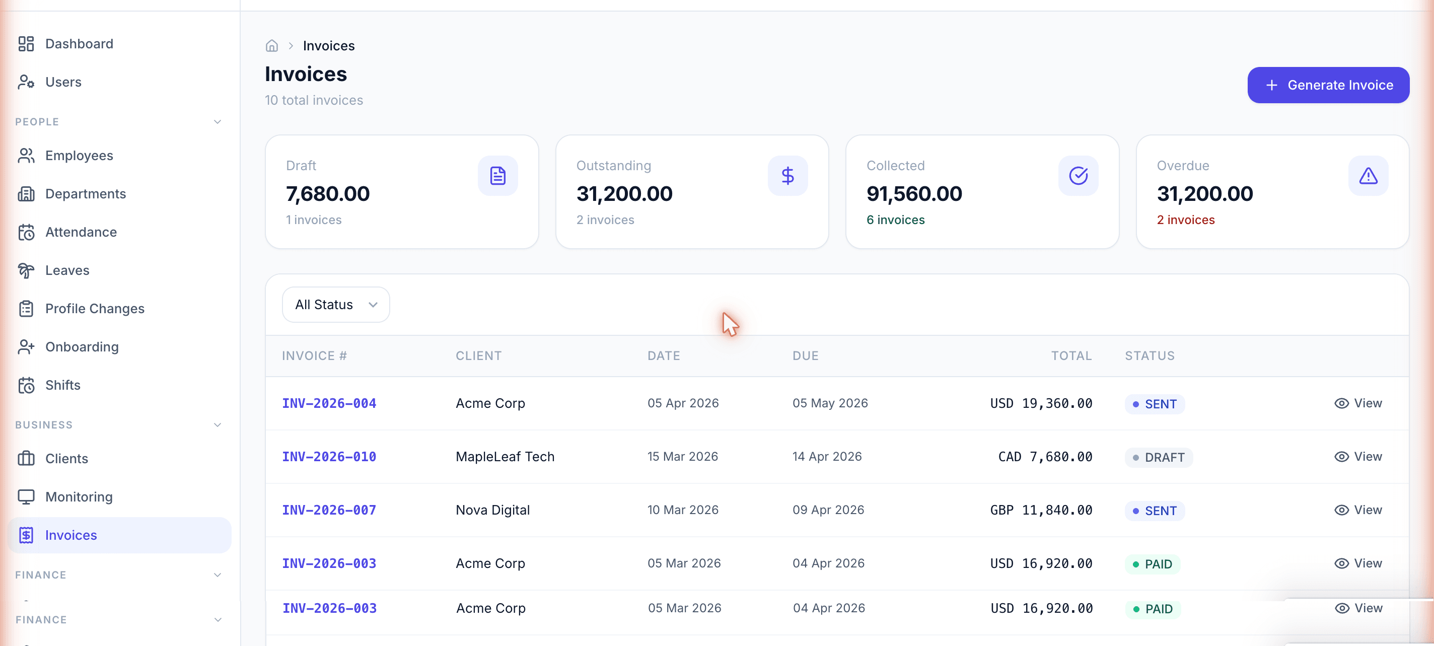 Zedtreeo Platform invoices — multi-currency invoice list (USD, CAD, GBP, AUD) with draft, sent, paid, overdue statuses