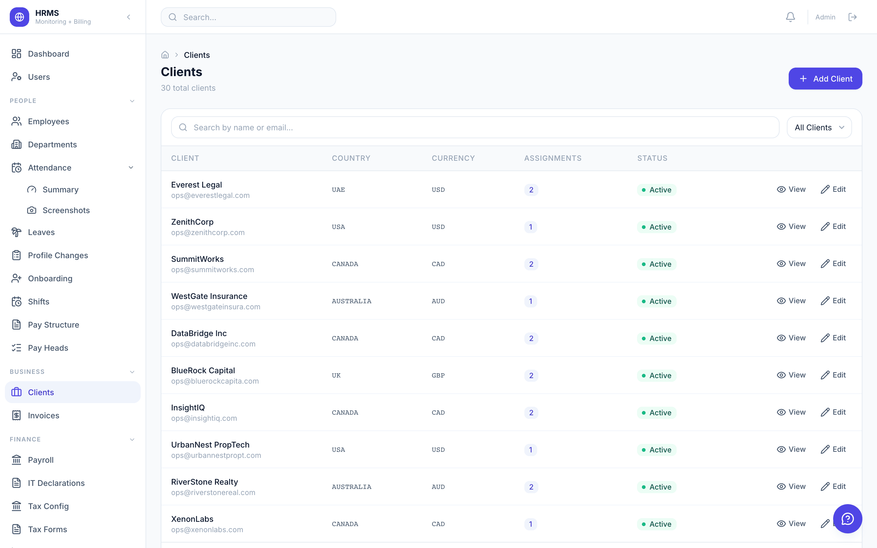 Zedtreeo Platform — client records, engagements and per-client rate structures