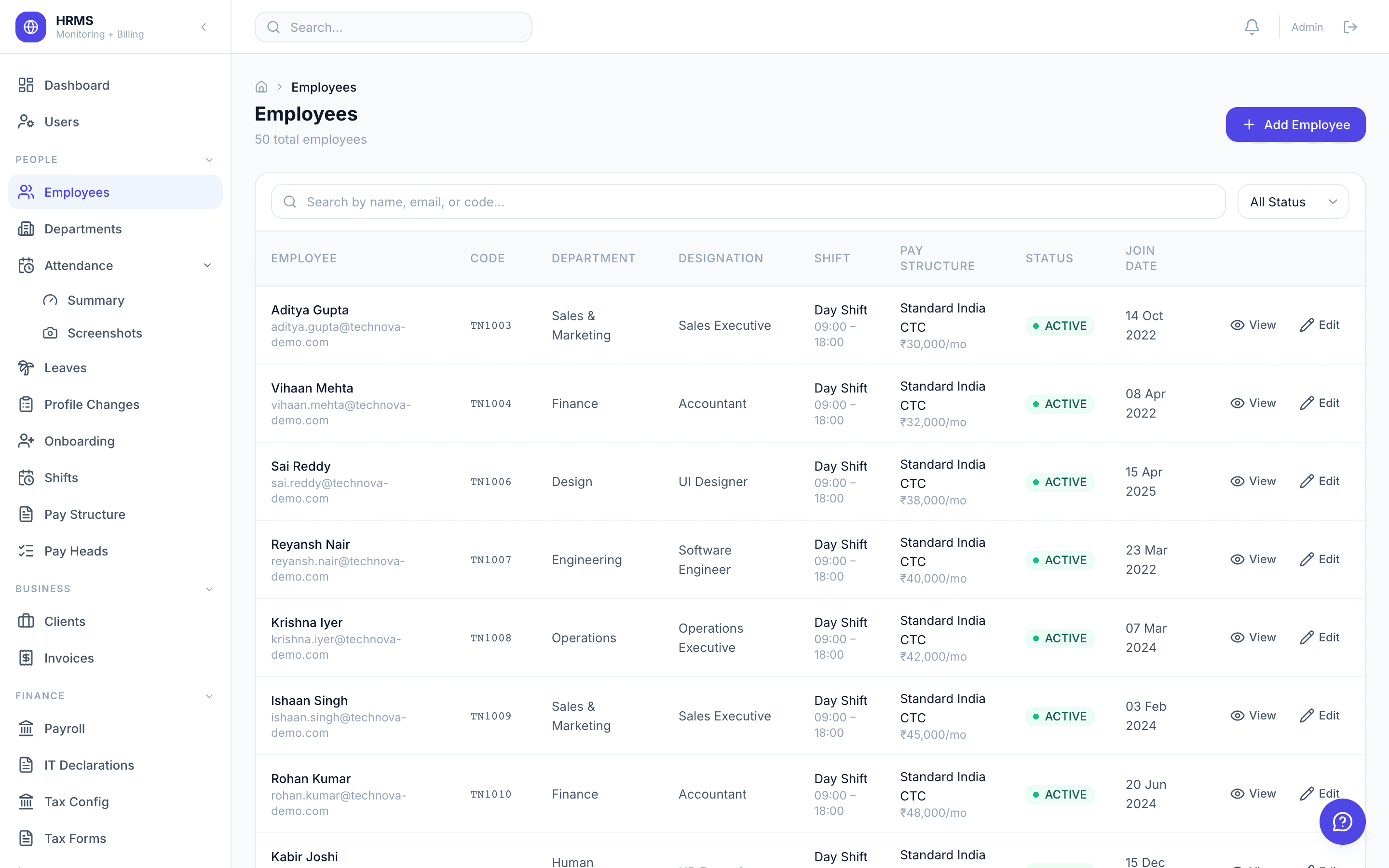 Zedtreeo Platform — employee directory with departments, designations, shifts and pay structure