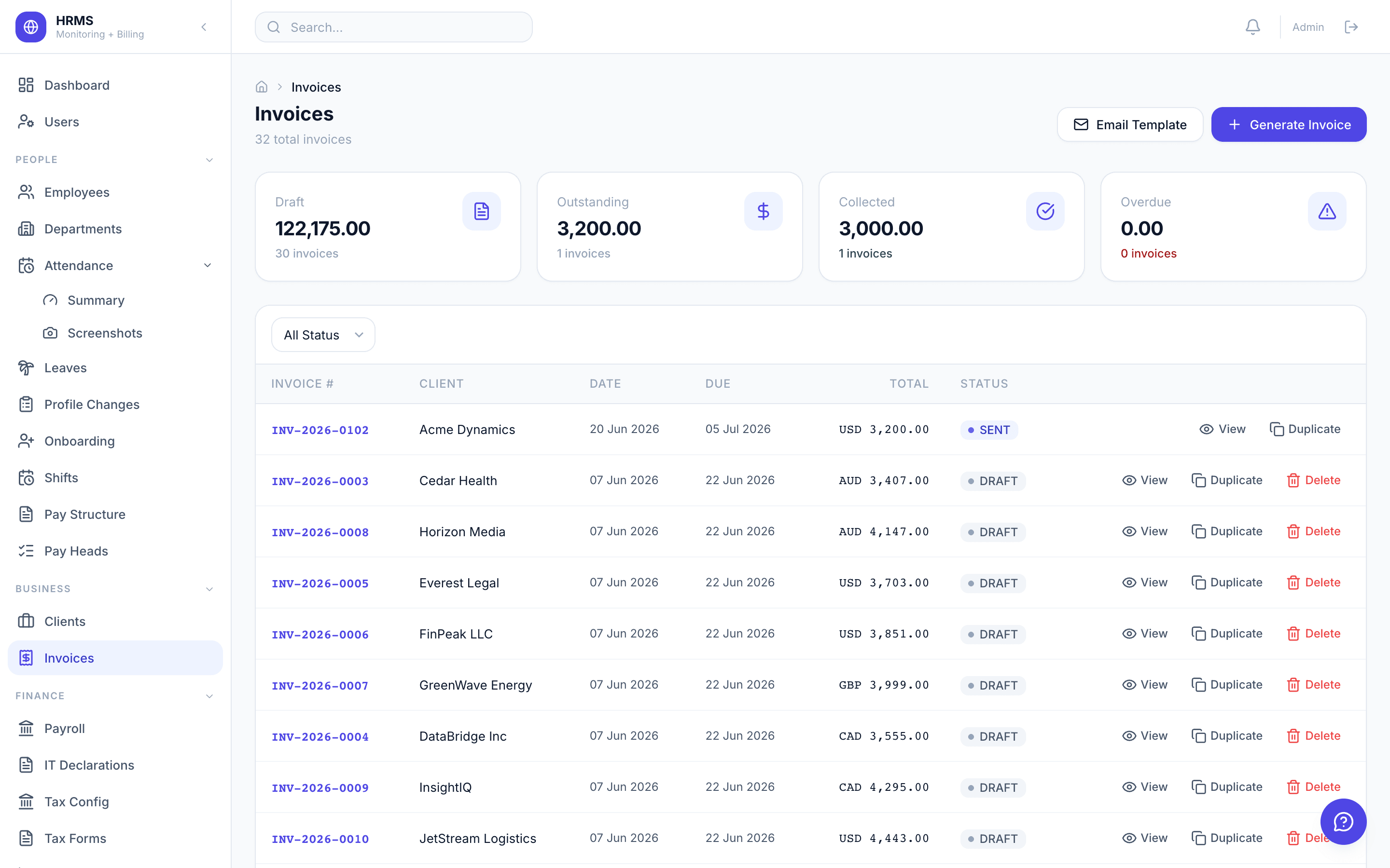 Zedtreeo Platform — multi-currency invoices auto-generated from tracked hours