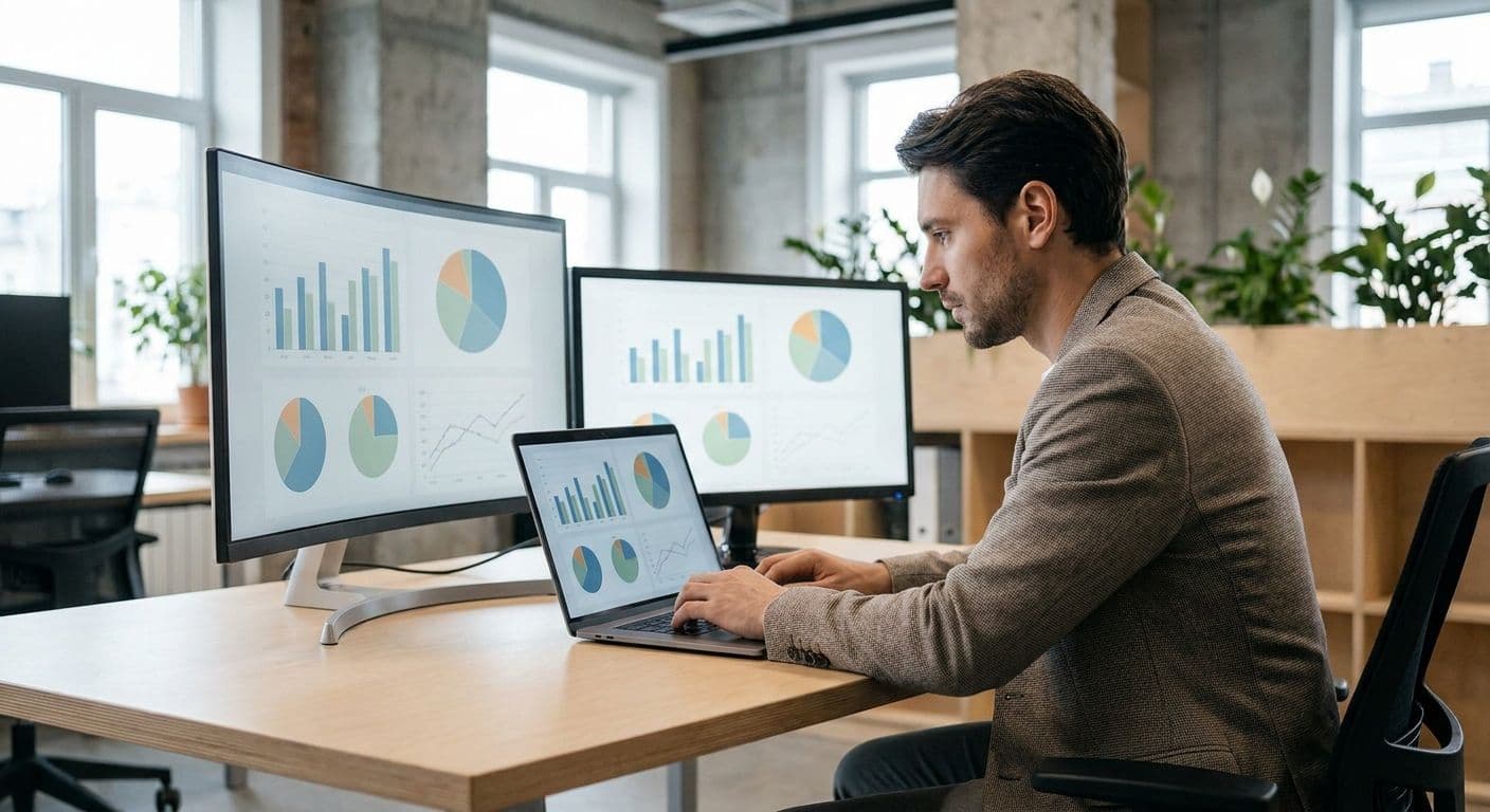 Operations manager reviewing an efficiency KPI dashboard on a laptop