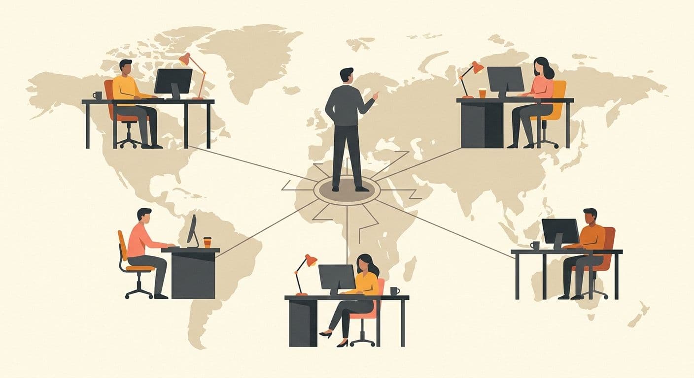 Illustration of a manager connected to distributed team members on a world map