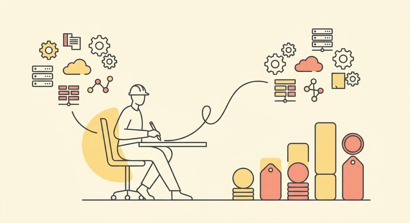 Illustration of an engineer connecting two separate software systems, with cost markers of varying heights alongside