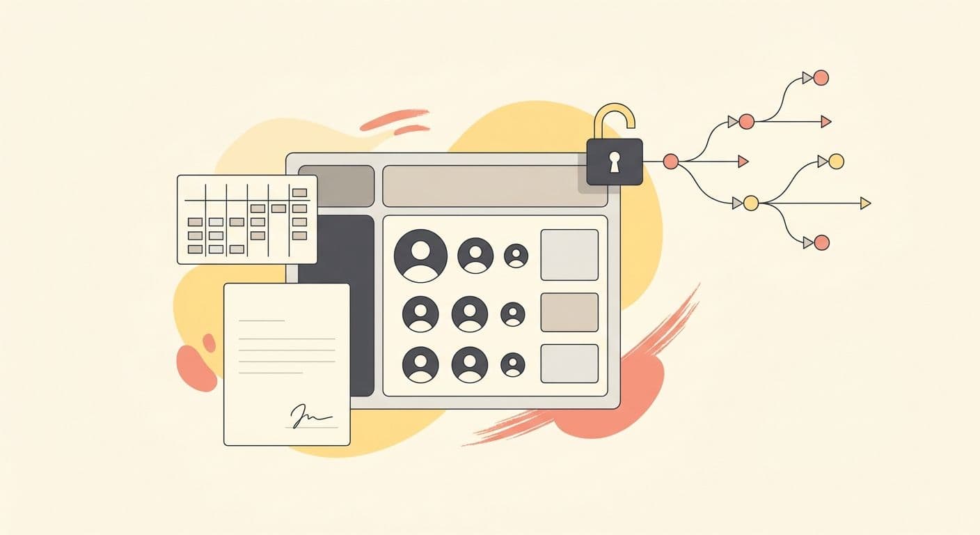 Illustration of an admin dashboard with an open padlock and a branching line, representing workforce management software released as open source