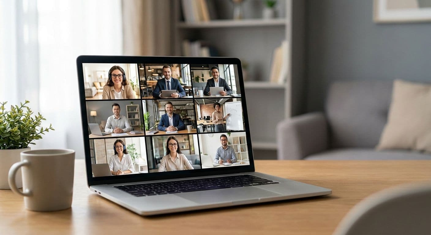 Distributed remote team collaborating across video-call tiles on a laptop
