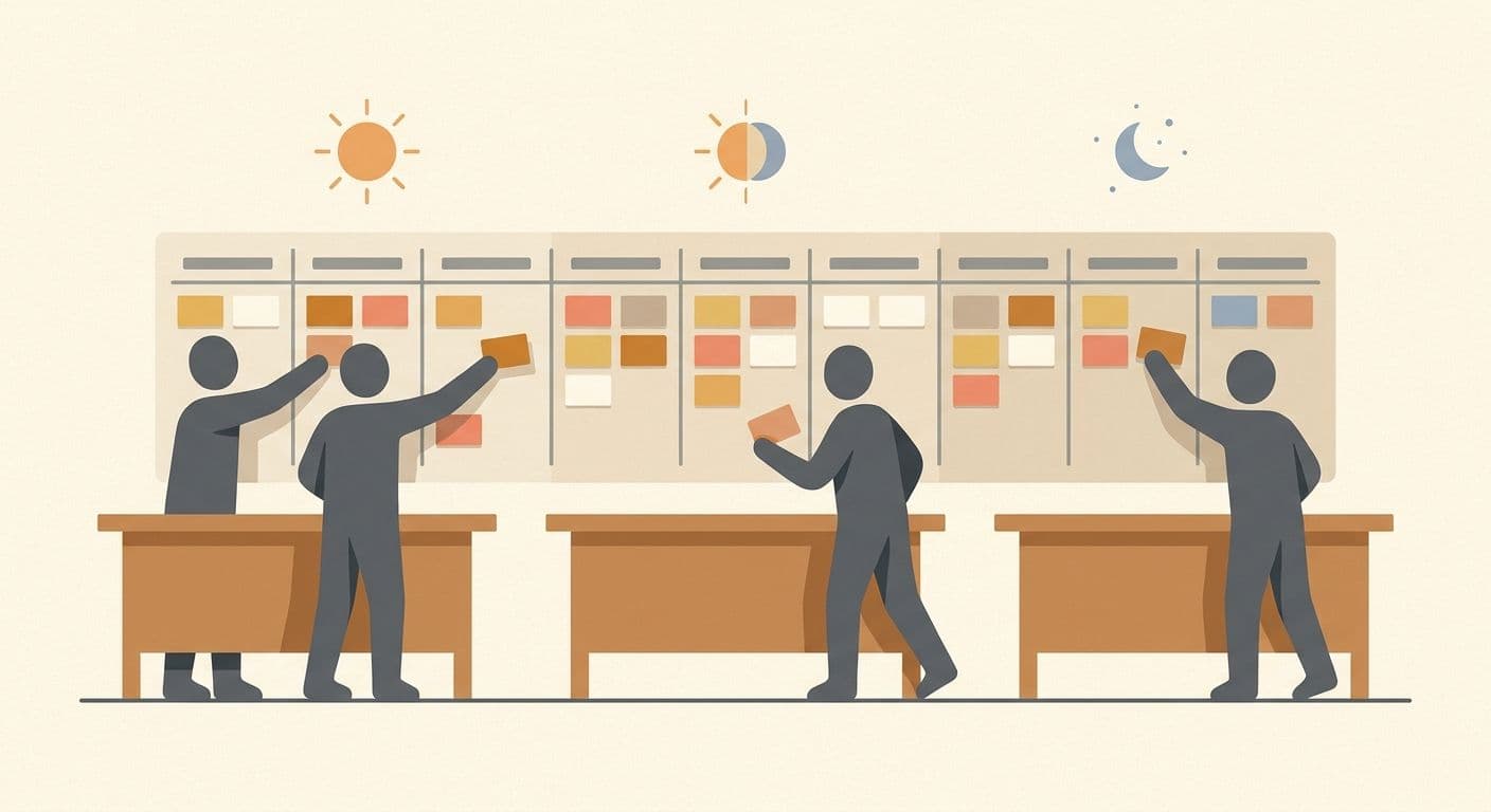 Illustration of a kanban board spanning desks in different time zones