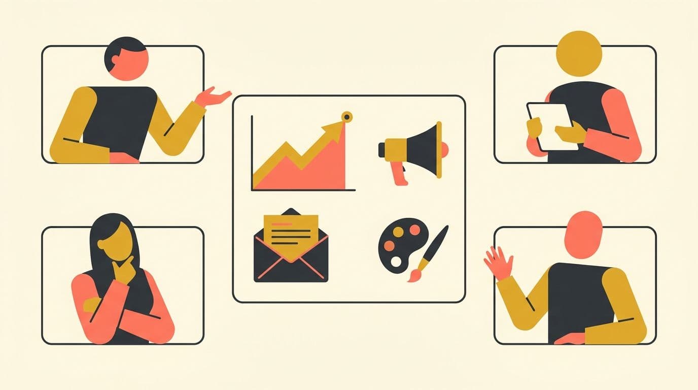 Illustration of a four-person remote marketing team on video-call tiles around a dashboard with a rising chart, email, megaphone and palette