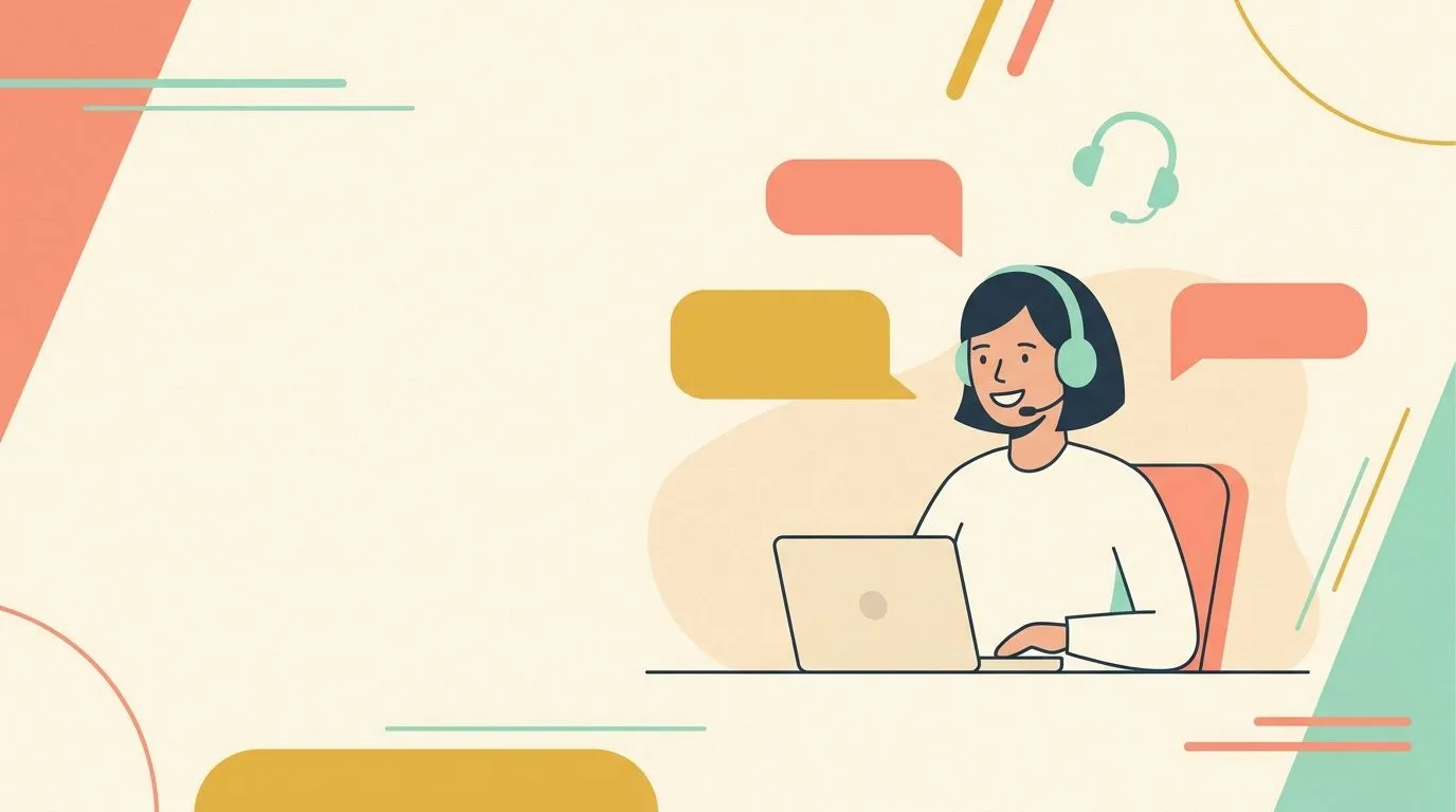Illustration of a remote customer support agent wearing a headset at a laptop with chat windows