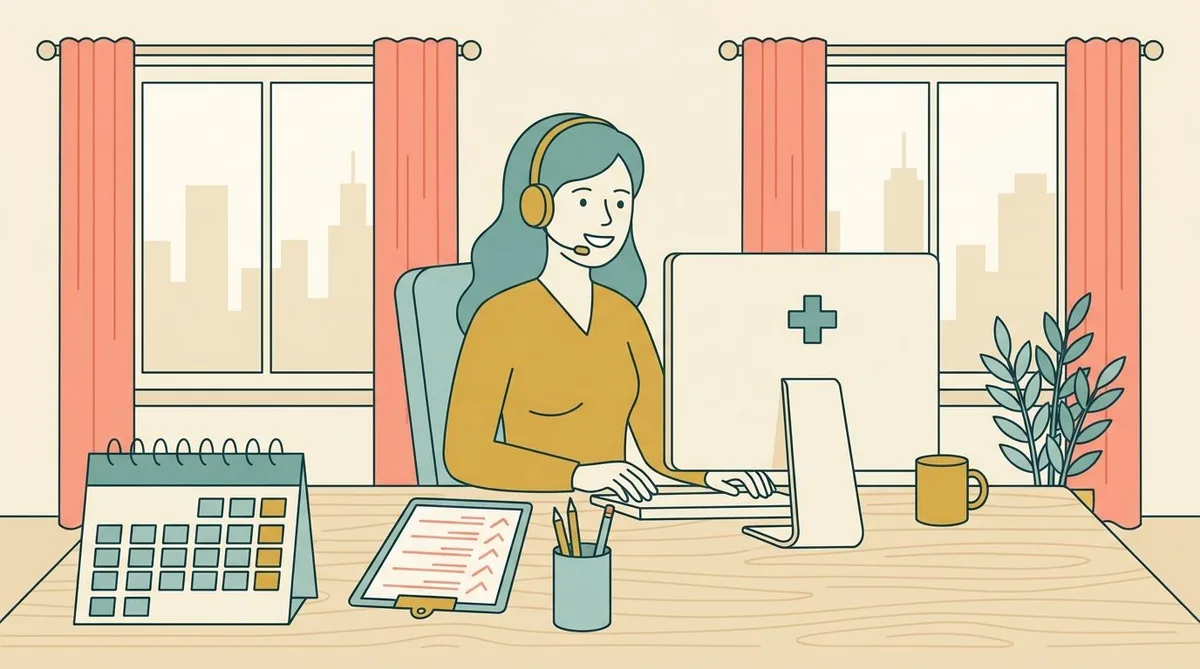 Illustration of a virtual medical assistant with a headset working at a clinic scheduling screen