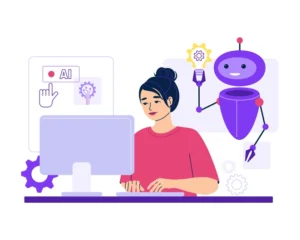 Artificial intelligence robot help woman in work