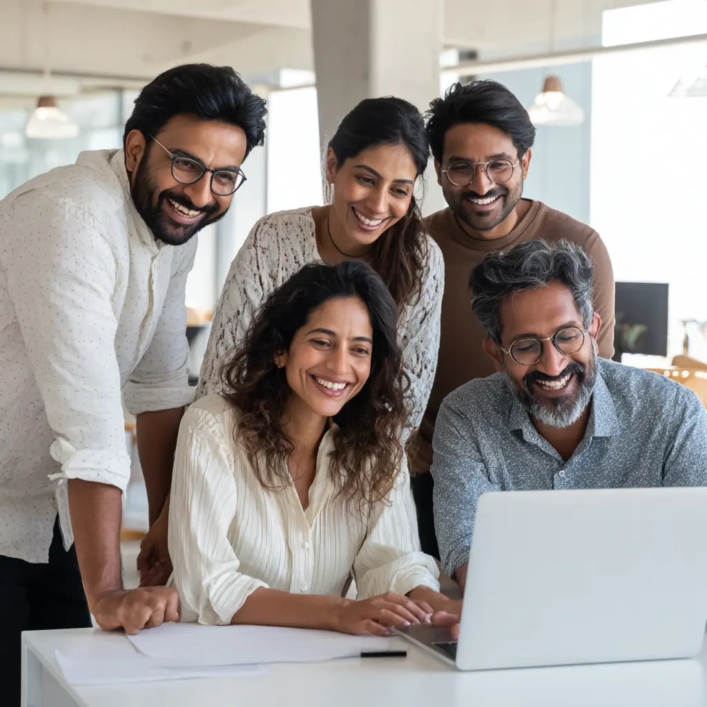 group of five Indian remote professionals collaborating energetically around a laptop in a bright, modern office.