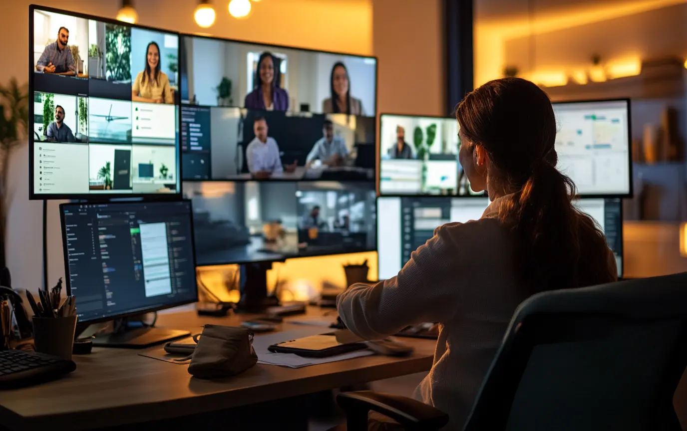 Business professional managing a dedicated remote team via multi-screen video conference — hire remote employees from India with Zedtreeo