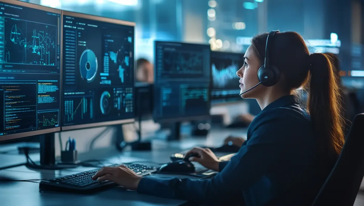 Professional BPO operations center with team managing business process outsourcing services across multiple monitors and dashboards