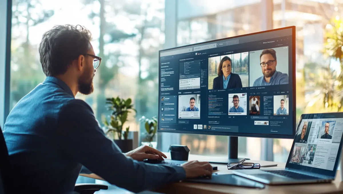 Hiring manager evaluating remote staffing agency candidates on screen with qualification ratings and video interview